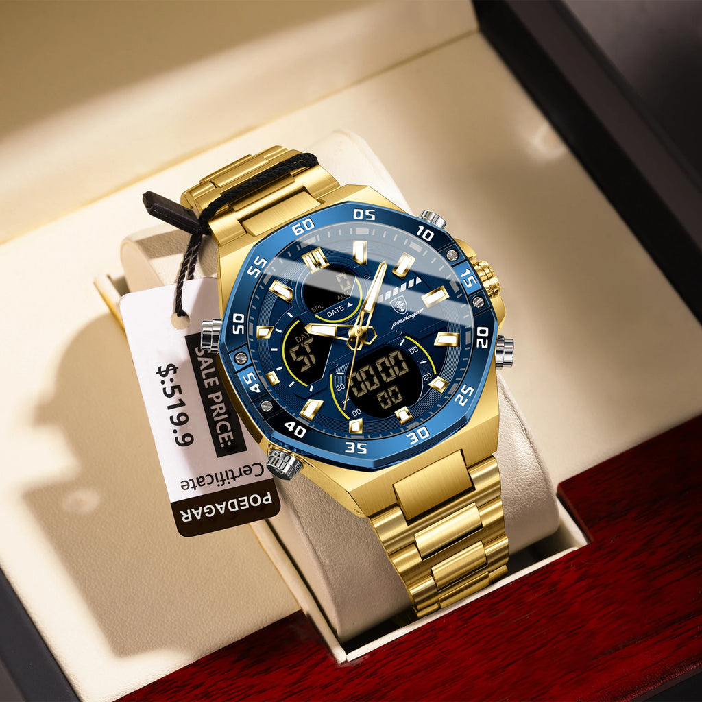 POEDAGAR Top Original Men Clock LED Luminous Waterproof Week Date Man Wristwatch Electronic Stainless Steel Quartz Men's Watches