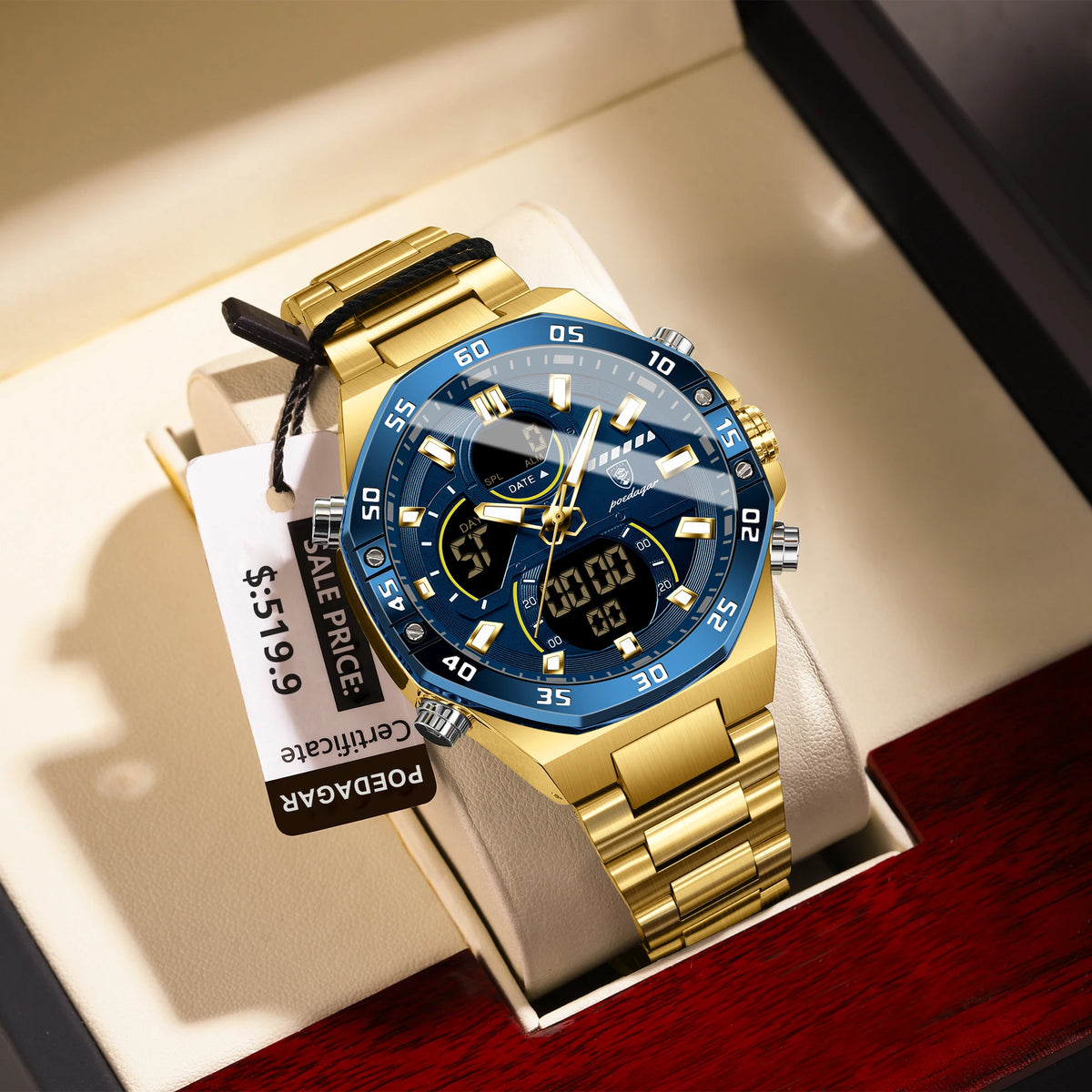 POEDAGAR Top Original Men Clock LED Luminous Waterproof Week Date Man Wristwatch Electronic Stainless Steel Quartz Men's Watches