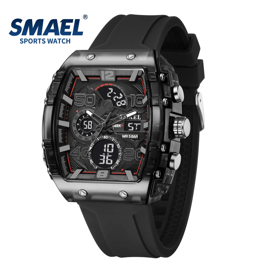 SMAEL 8109 Men's Square Analog Digital Dual Display Watch - 50M Waterproof LED Backlight Alarm Chronograph Calendar