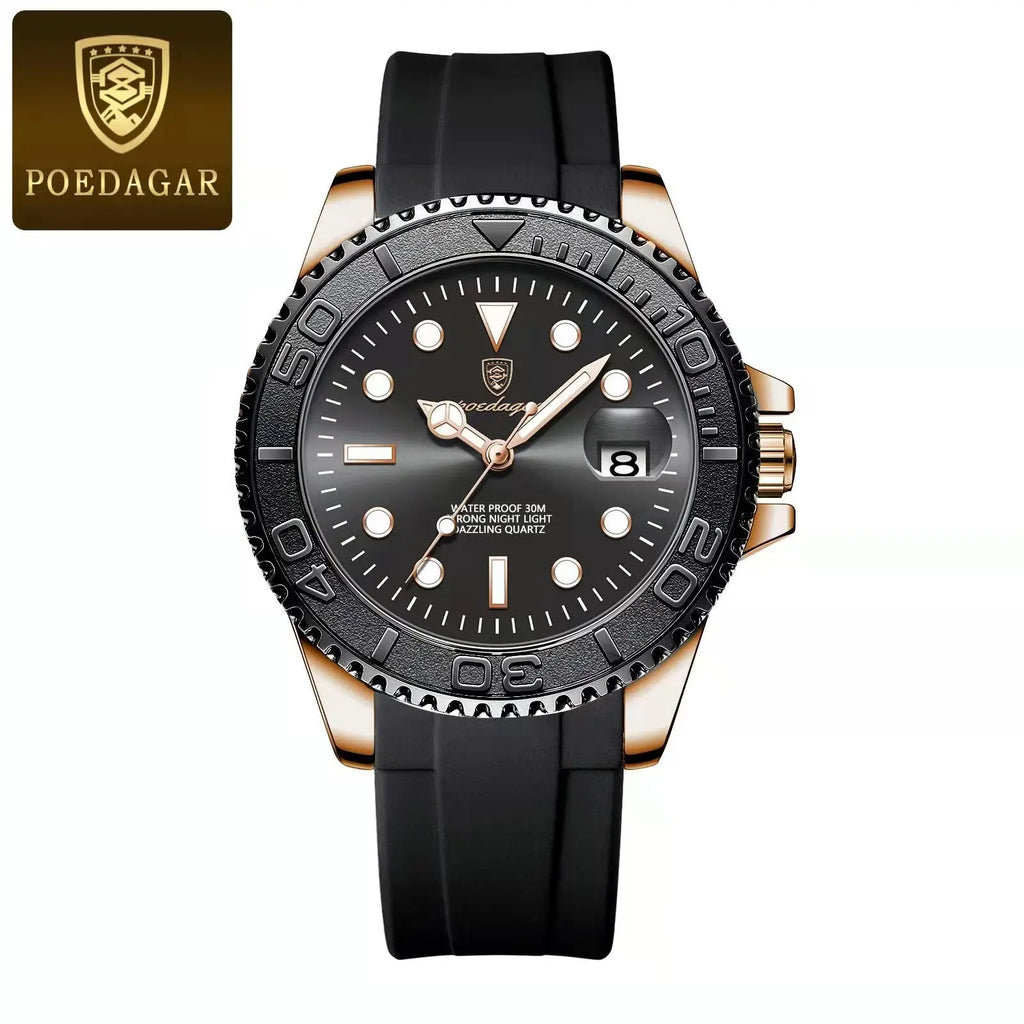 POEDAGAR Men's Stainless Steel Quartz Watch, Splash-Resistant with Luminous Hands and Date Display, Classic Casual Design