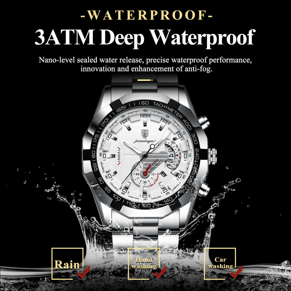 POEDAGAR Business Military Men Clock Waterproof Luminous Calendar Man Wristwatch Stainless Steel Quartz Men's Watches Male Reloj