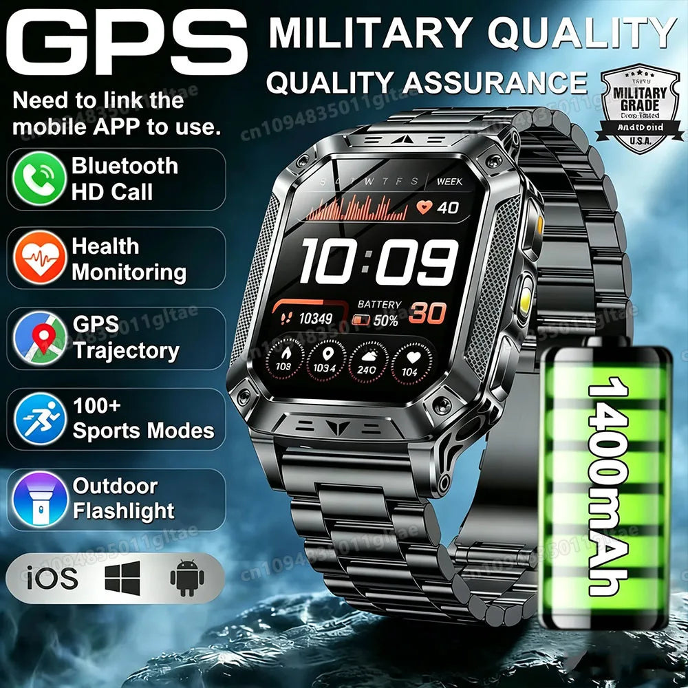 Rugged Military Smart Watch Men's Outdoor Watch LED Flashlight 2.01'' HD Touch Screen Voice Bluetooth Call Smartwatch Gifts HT30
