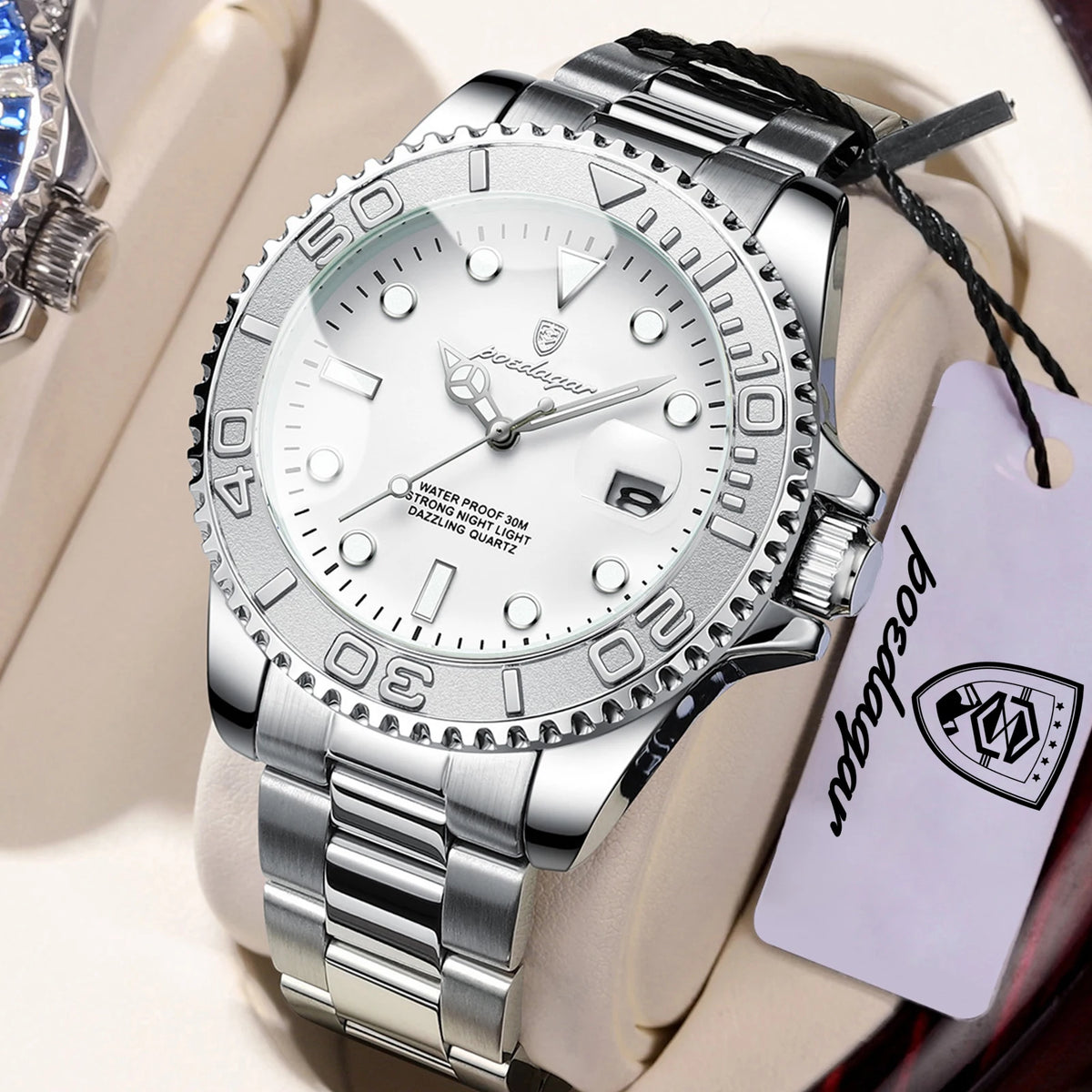 POEDAGAR Men's Stainless Steel Quartz Watch, Splash-Resistant with Luminous Hands and Date Display, Classic Casual Design