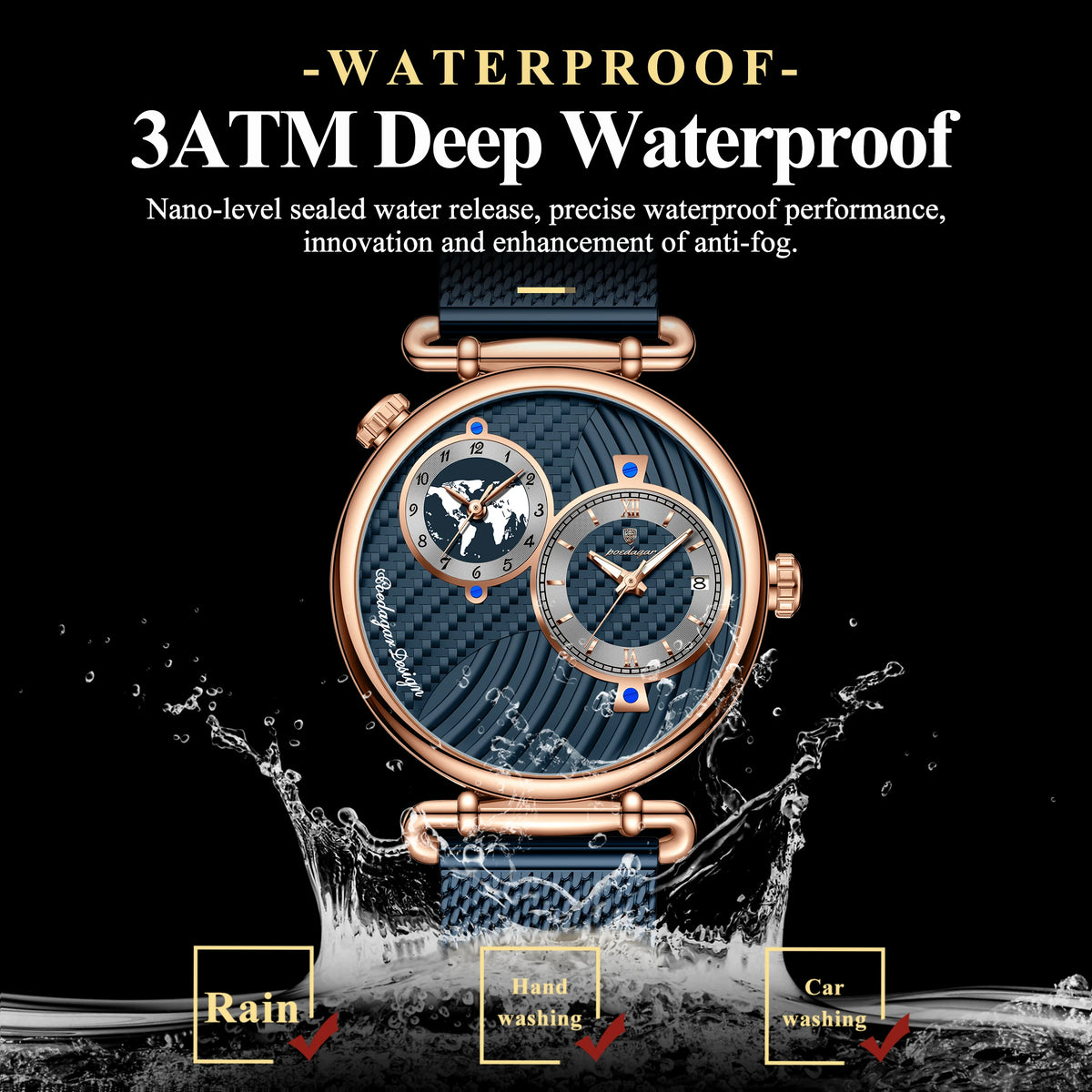POEDAGAR Fashion Man Clock Dual Time Zone Display Waterproof Date Men Watch Sports Mesh Stainless Steel Men's Quartz Watches+Box