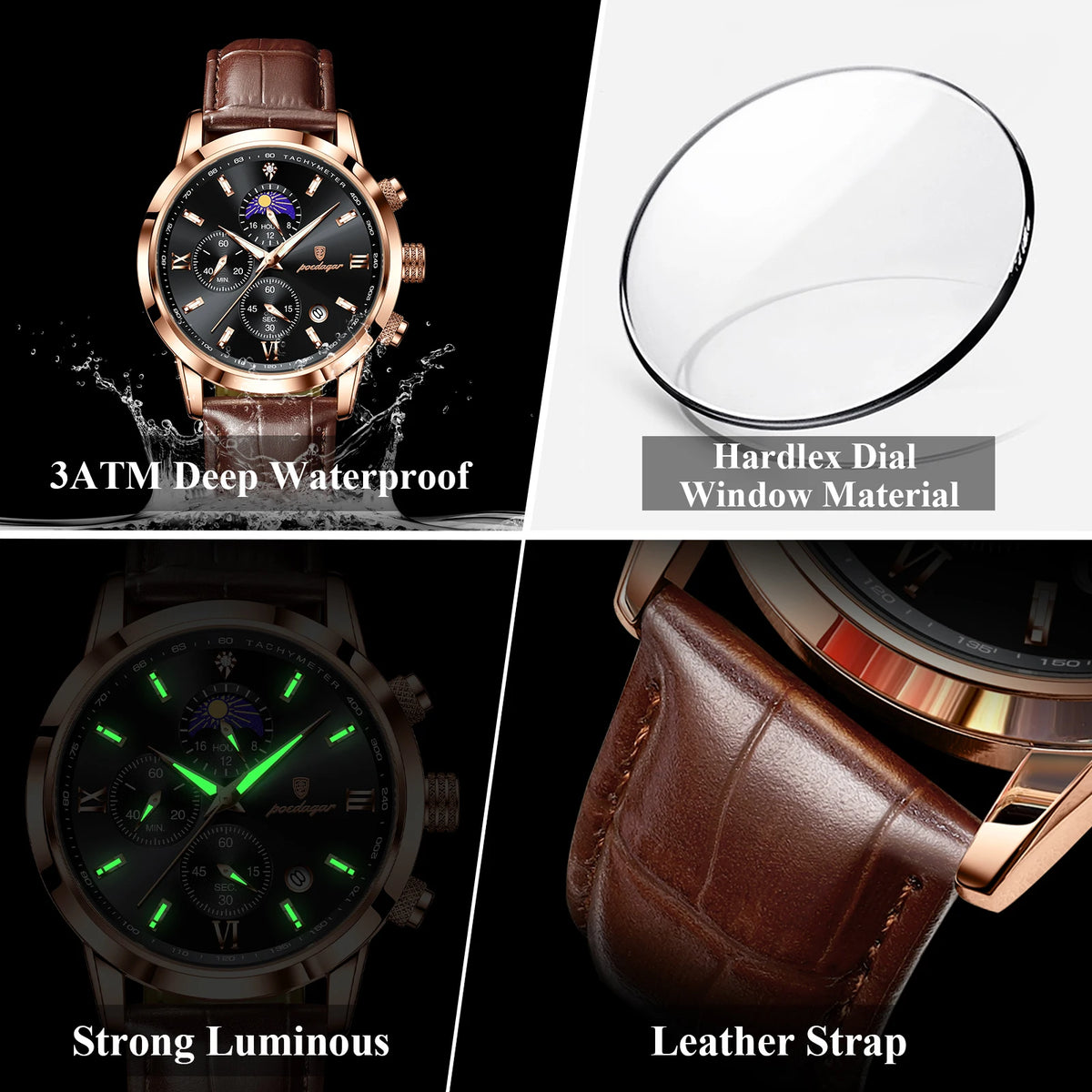 POEDAGAR Luxury Sports Watch For Men Waterproof Luminous Date Chronograph Man Wristwatch Leather Quartz Men's Watches Male Reloj
