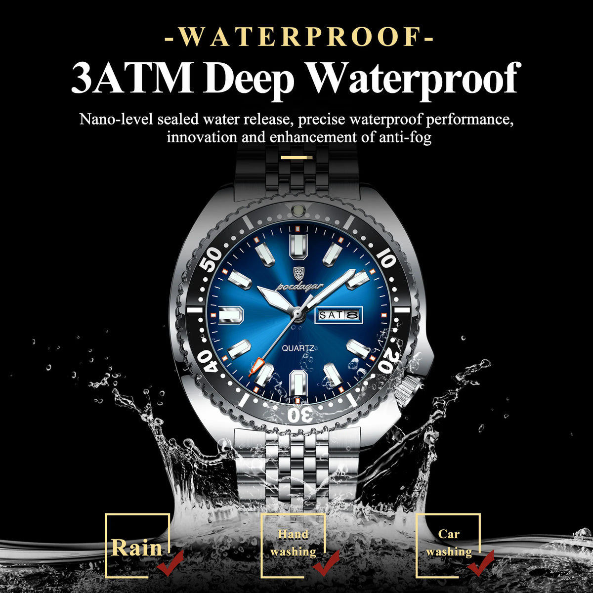 POEDAGAR Luxury Sports Men Wristwatch Quartz Luminous Waterproof Calendar Week Man Clock Stainless Steel Men's Watches Reloj+Box