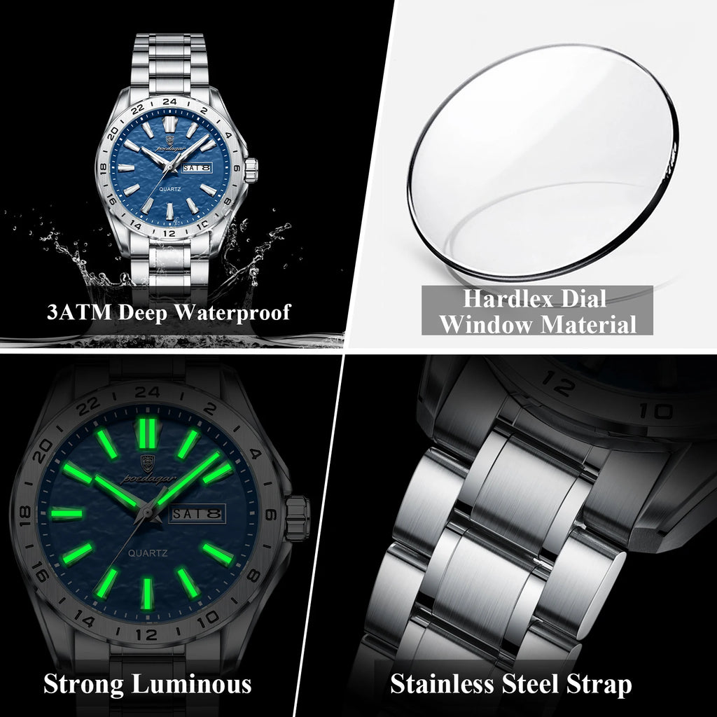 POEDAGAR Sport Luxury Man Wristwatch High Quality Waterproof Luminous Watch For Men Fashion Date Week Quartz Men's Watches Reloj