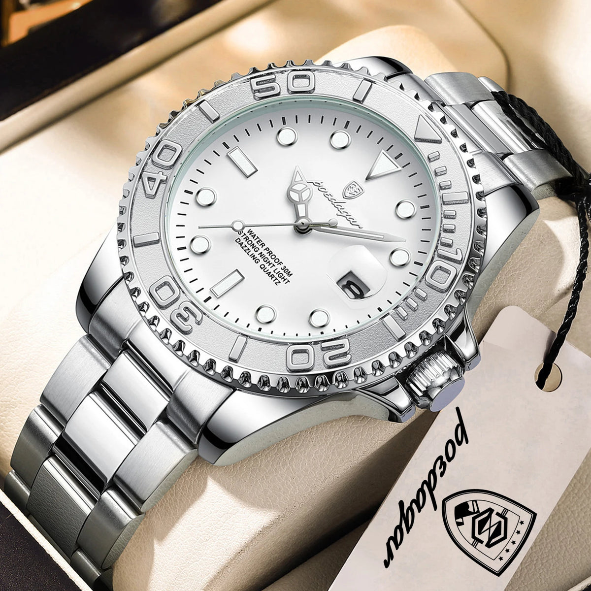 POEDAGAR Men's Stainless Steel Quartz Watch, Splash-Resistant with Luminous Hands and Date Display, Classic Casual Design