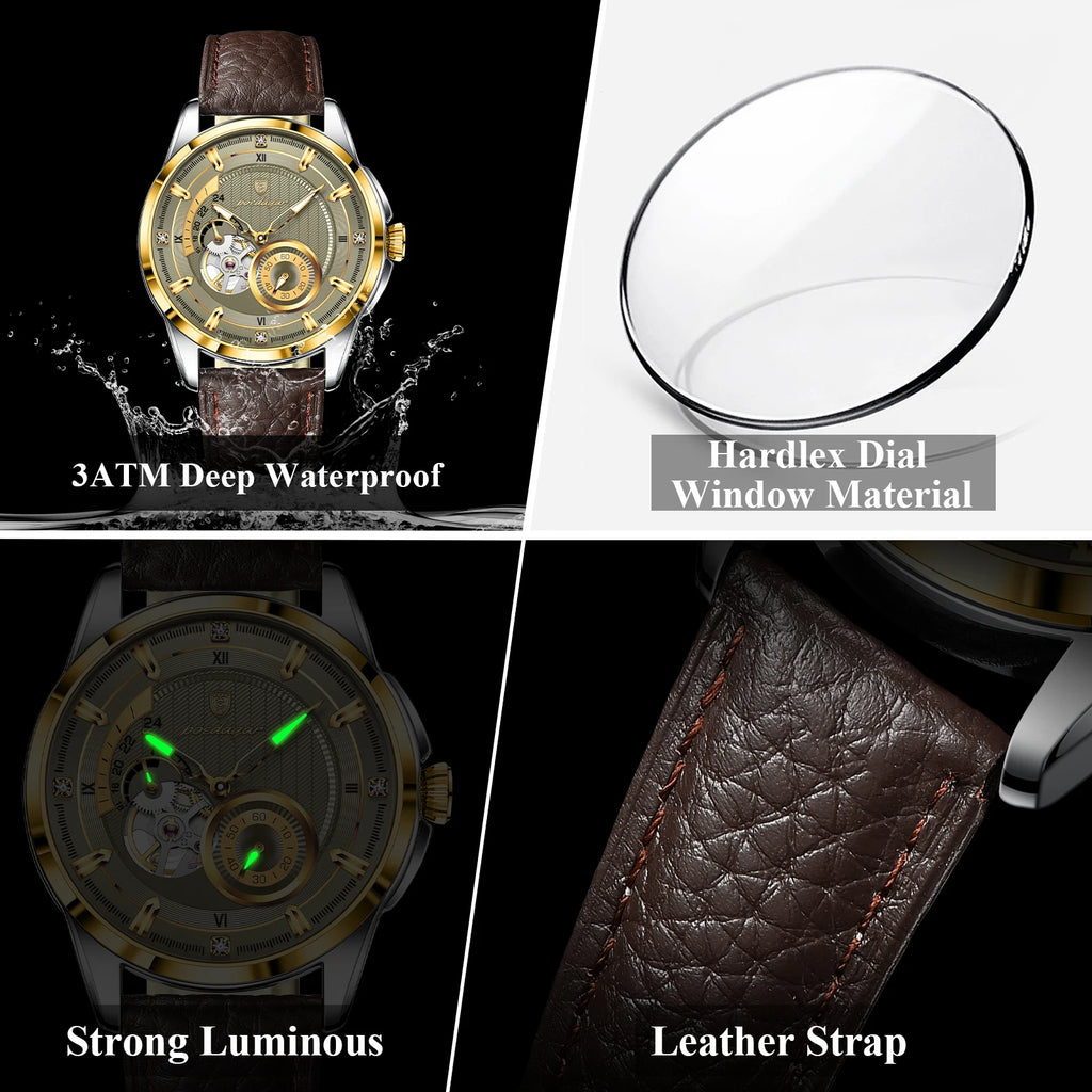 POEDAGAR Casual Luxury Men Clock Luminous Hollow Tourbillon Automatic Man Wristwatch Mechanical Leather Men's Watches Reloj Male
