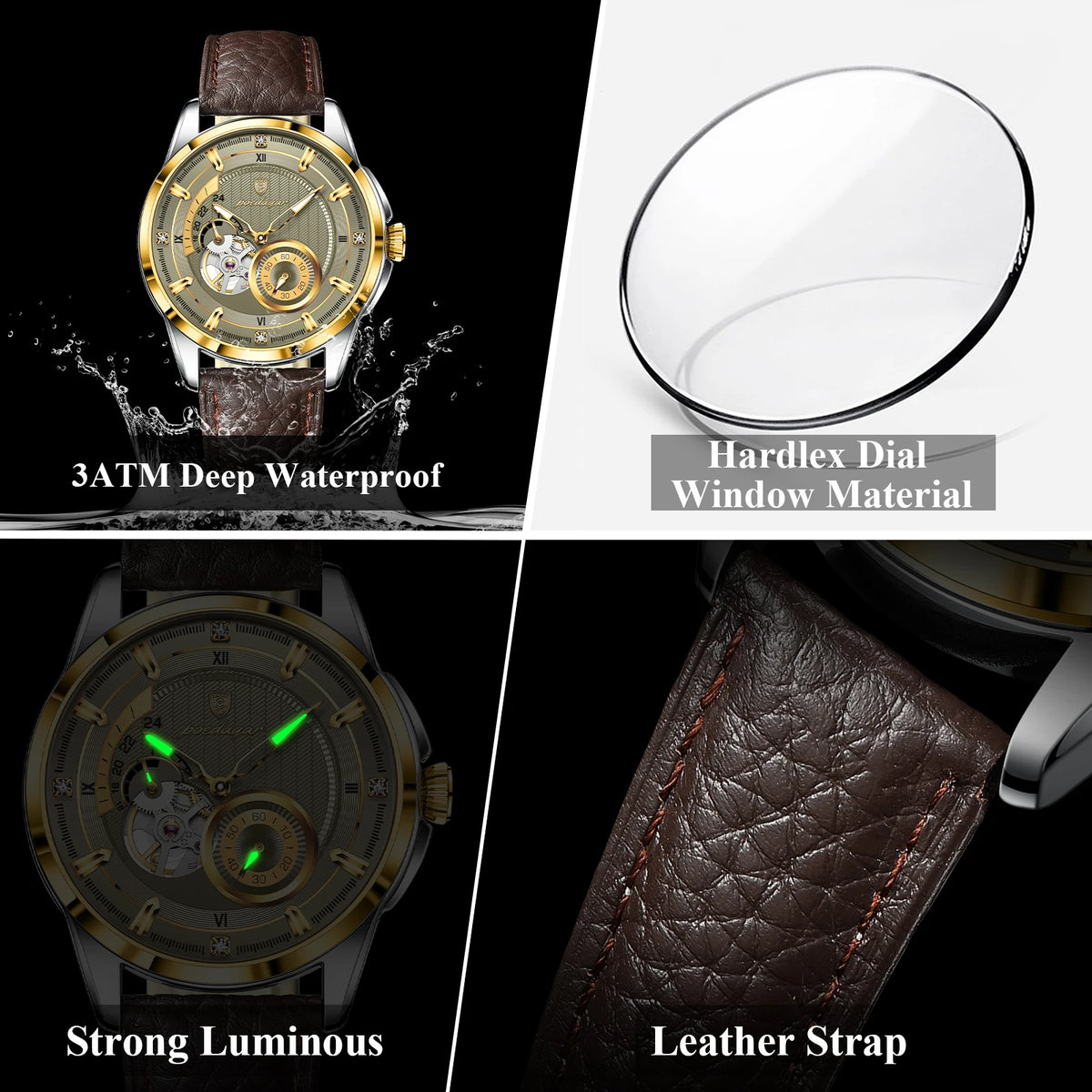POEDAGAR Casual Luxury Men Clock Luminous Hollow Tourbillon Automatic Man Wristwatch Mechanical Leather Men's Watches Reloj Male