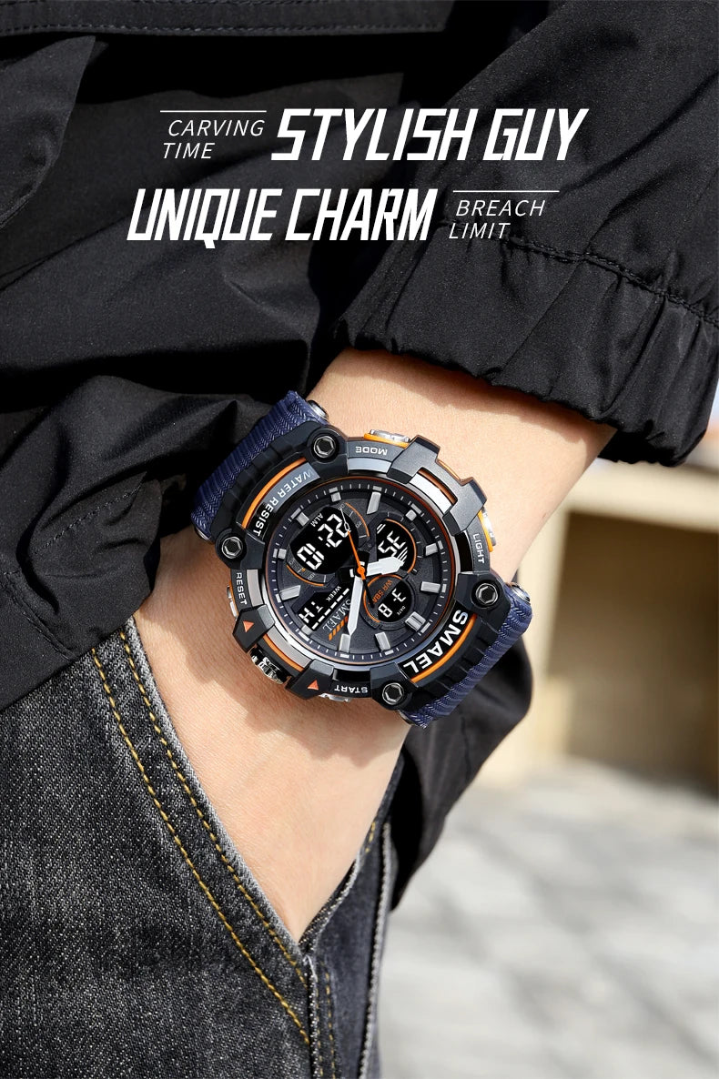 SMAEL 8079 Men's Army Green Analog Digital Dual Display Watch - 50M Waterproof LED Backlight Alarm Chronograph
