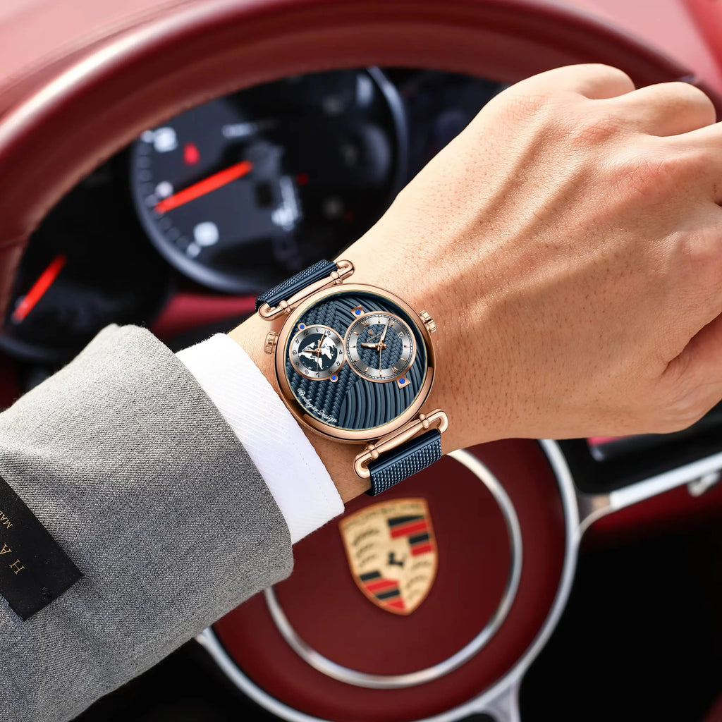 POEDAGAR Fashion Man Clock Dual Time Zone Display Waterproof Date Men Watch Sports Mesh Stainless Steel Men's Quartz Watches+Box