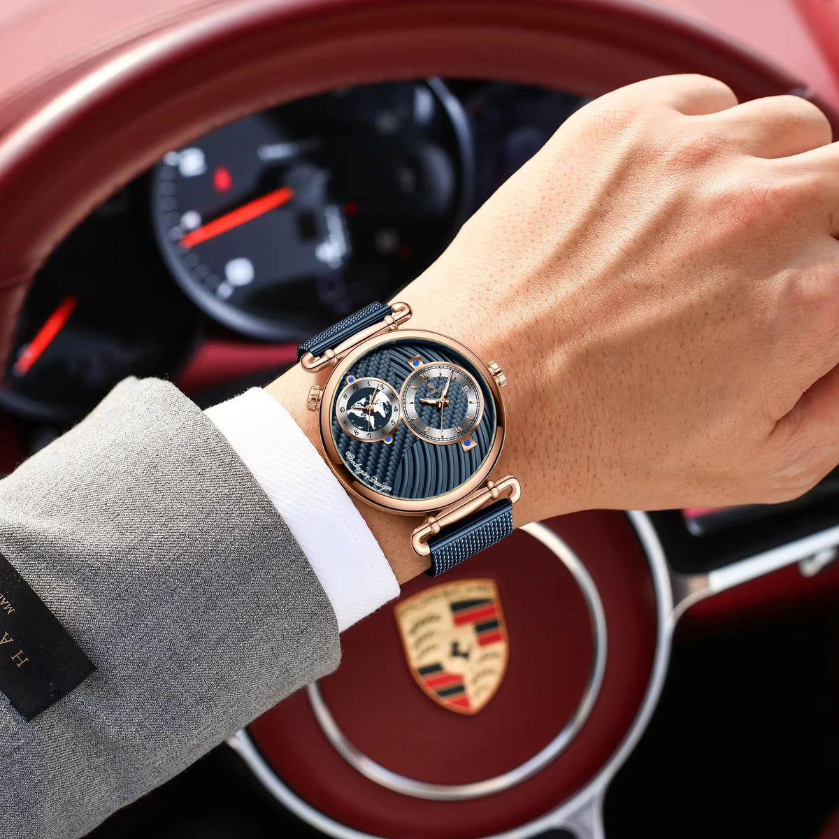 POEDAGAR Fashion Man Clock Dual Time Zone Display Waterproof Date Men Watch Sports Mesh Stainless Steel Men's Quartz Watches+Box