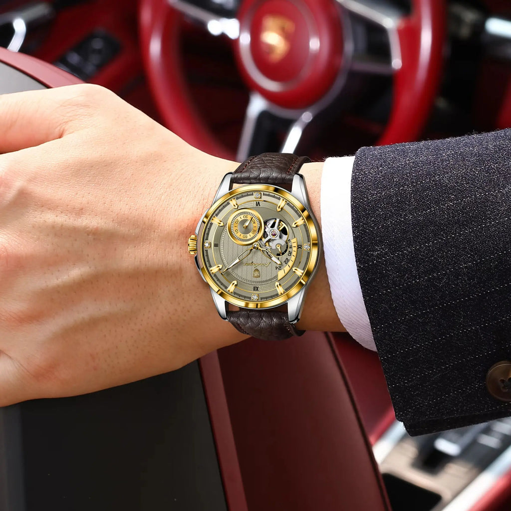 POEDAGAR Casual Luxury Men Clock Luminous Hollow Tourbillon Automatic Man Wristwatch Mechanical Leather Men's Watches Reloj Male