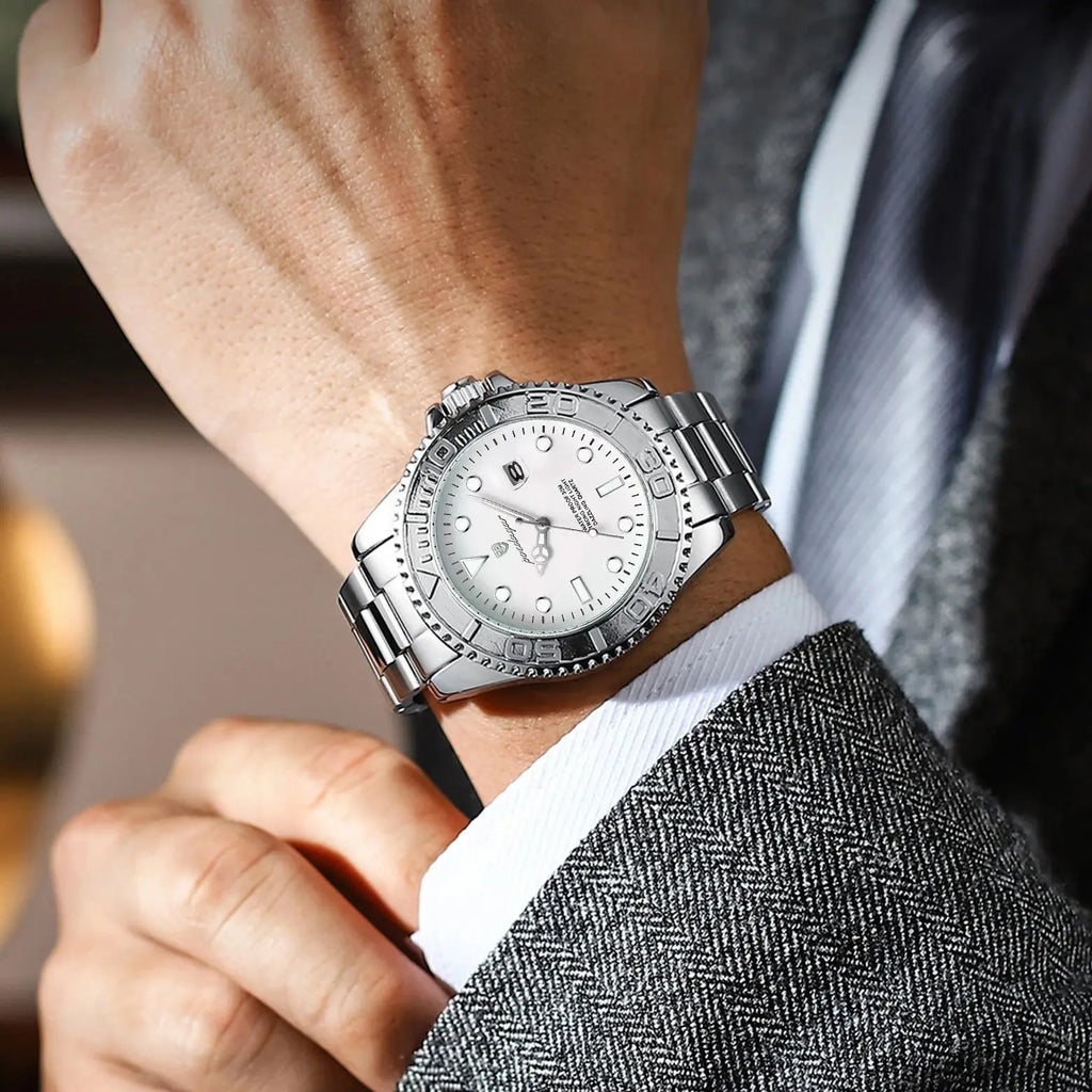 POEDAGAR Men's Stainless Steel Quartz Watch, Splash-Resistant with Luminous Hands and Date Display, Classic Casual Design