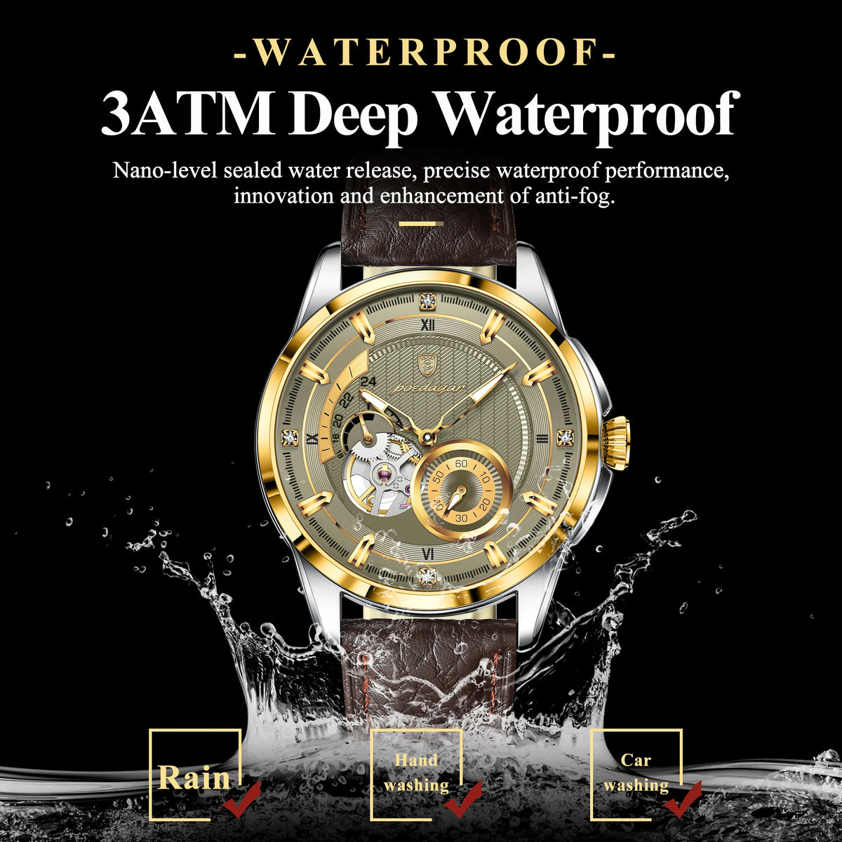 POEDAGAR Casual Luxury Men Clock Luminous Hollow Tourbillon Automatic Man Wristwatch Mechanical Leather Men's Watches Reloj Male