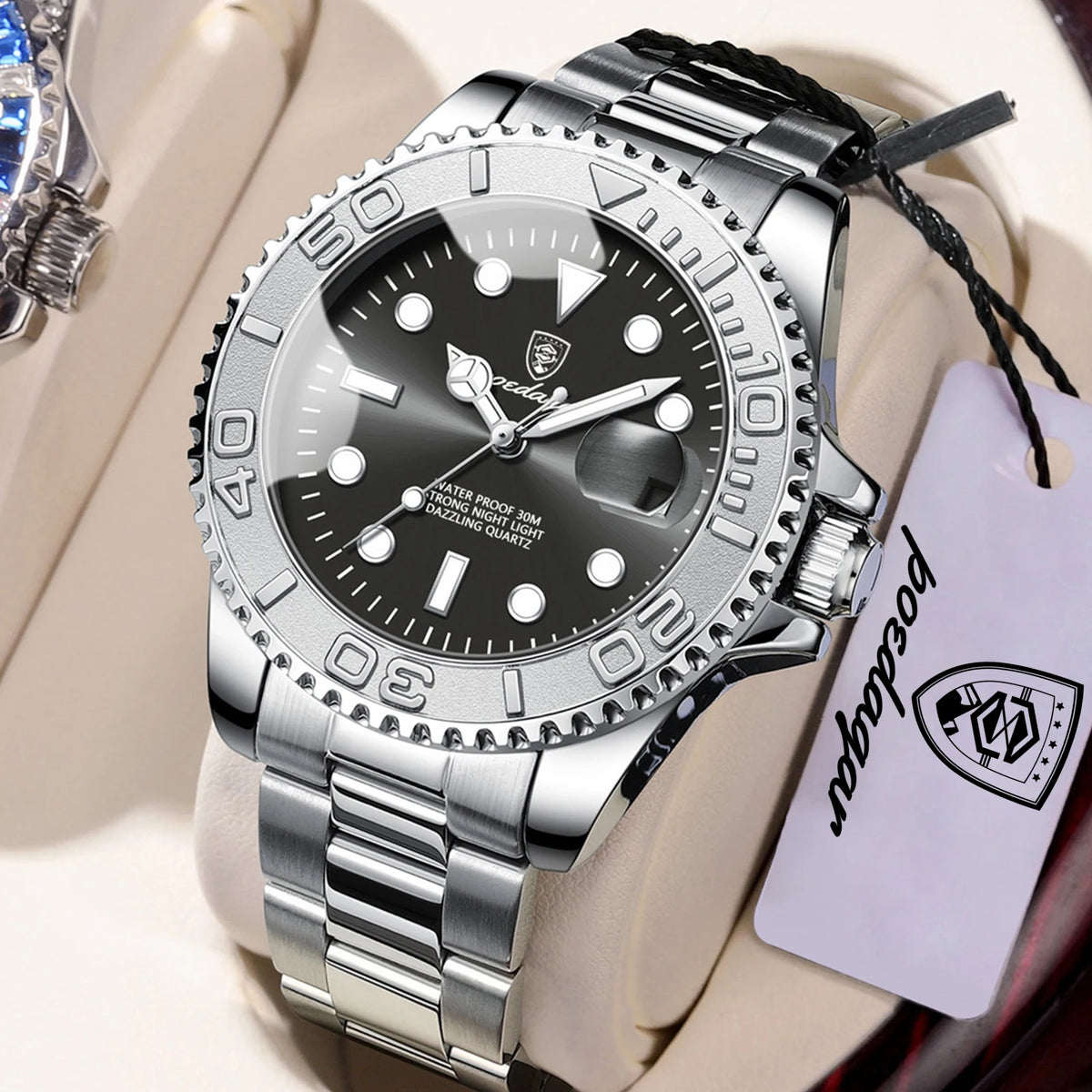 POEDAGAR Men's Stainless Steel Quartz Watch, Splash-Resistant with Luminous Hands and Date Display, Classic Casual Design