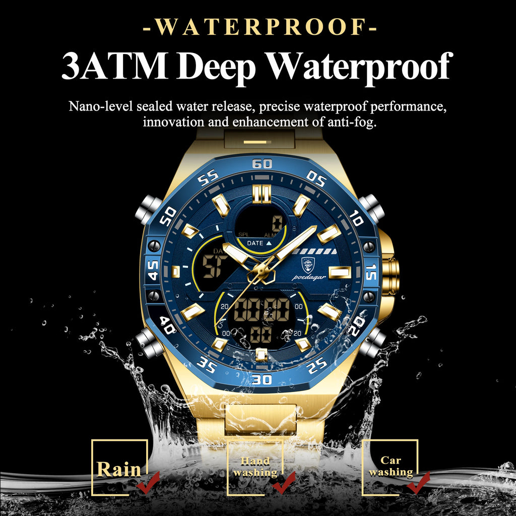 POEDAGAR Top Original Men Clock LED Luminous Waterproof Week Date Man Wristwatch Electronic Stainless Steel Quartz Men's Watches
