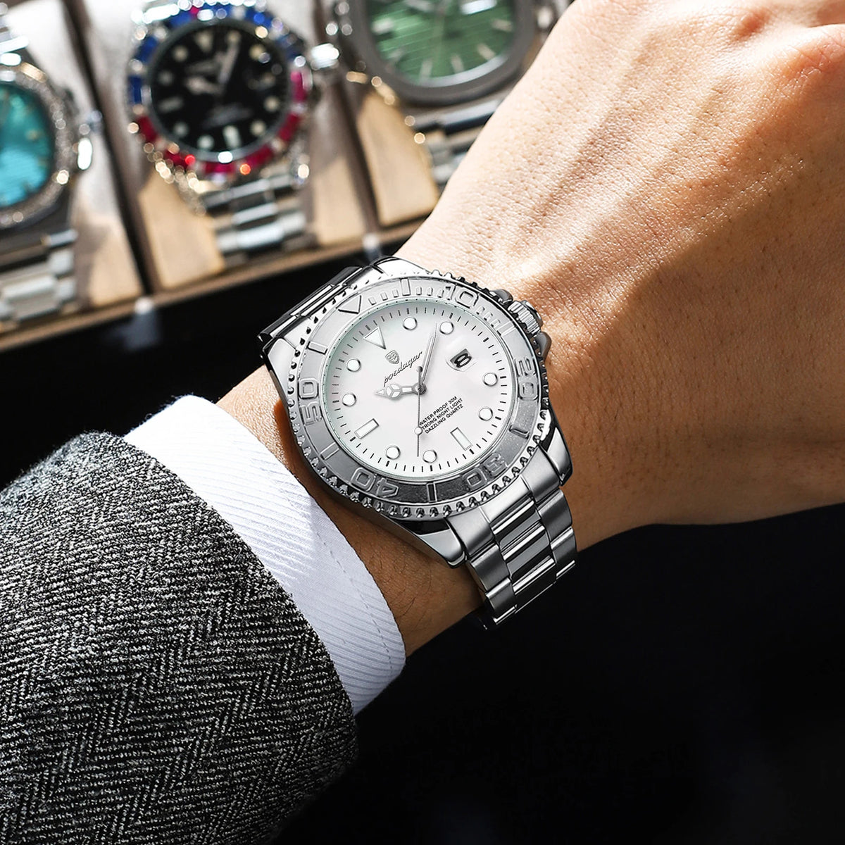 POEDAGAR Men's Stainless Steel Quartz Watch, Splash-Resistant with Luminous Hands and Date Display, Classic Casual Design