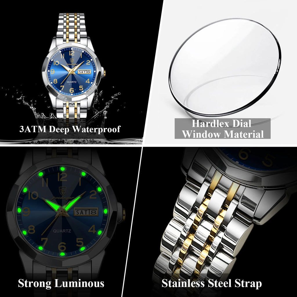 POEDAGAR Top Fashion Watches For Couple Waterproof Date Week Couple's Watches Quartz Stainless Steel Couple Watch Lovers Set+Box