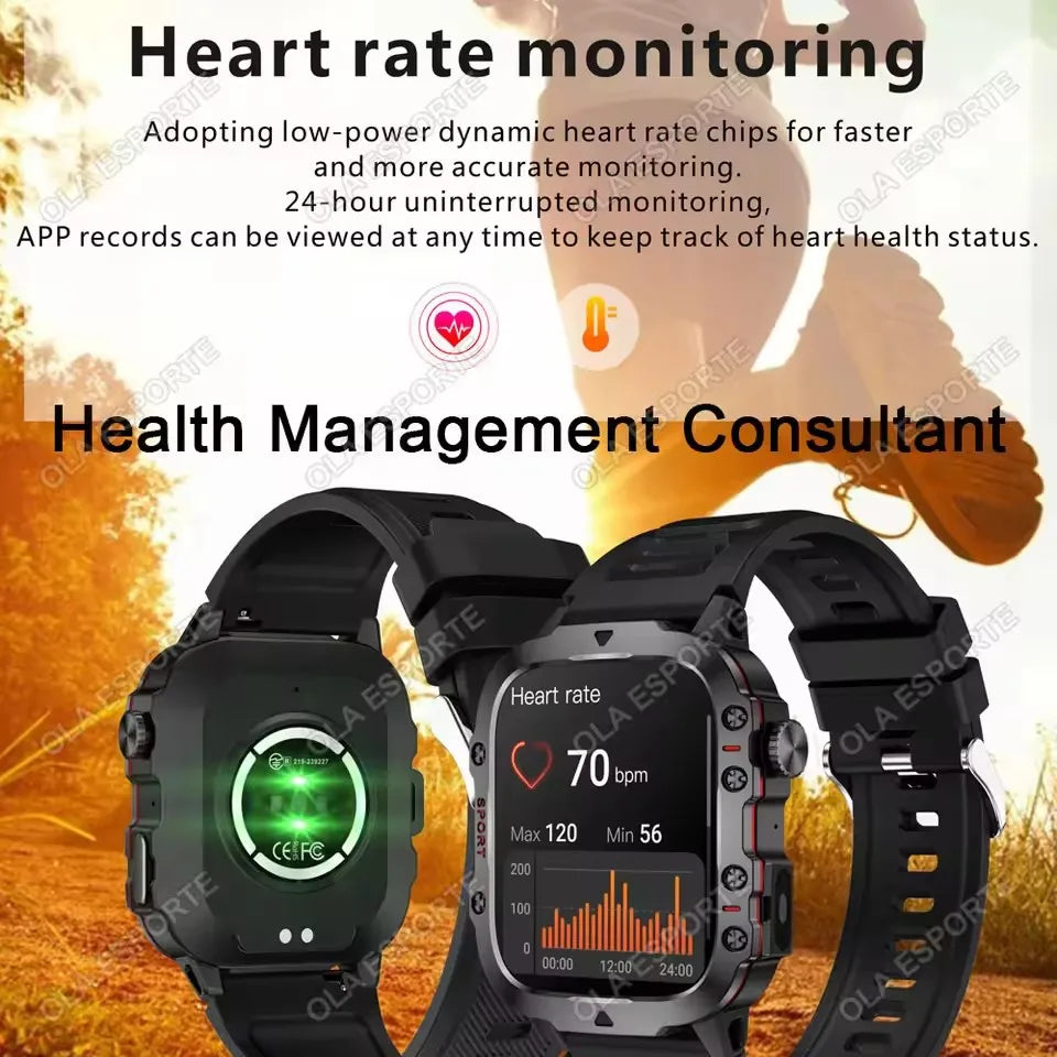 Rugged Military Smart Watch Men's Outdoor Watch LED Flashlight 2.01'' HD Touch Screen Voice Bluetooth Call Smartwatch Gifts HT30