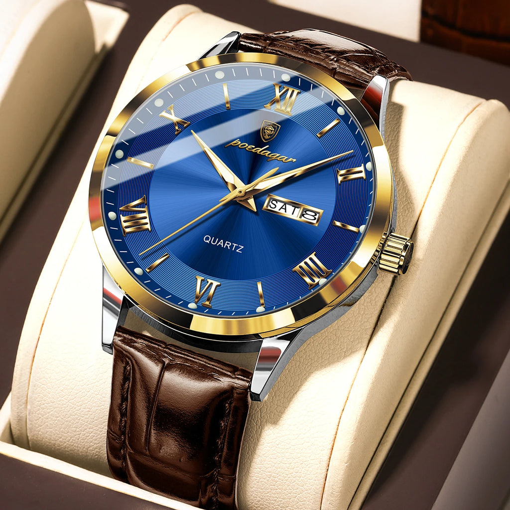 POEDAGAR Luxury Watch For Man Military Sport Leather Men Quartz Watch Waterproof Luminous Date Week Men's Watches Male Reloj+Box