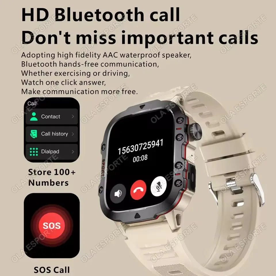 Rugged Military Smart Watch Men's Outdoor Watch LED Flashlight 2.01'' HD Touch Screen Voice Bluetooth Call Smartwatch Gifts HT30