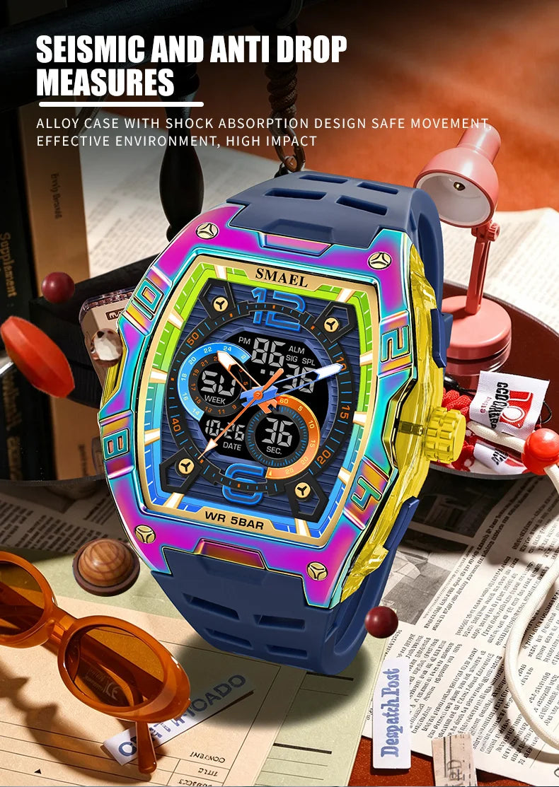 SMAEL 8142 Men's Analog Digital Dual Display Watch - 50M Waterproof LED Backlight Alarm Chronograph Stopwatch