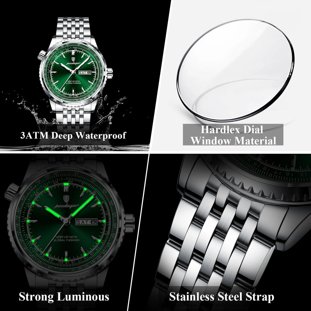POEDAGAR Luxury Watch For Man Stainless Steel Date Week Quartz Men Clock Waterproof Luminous Military High Quality Men's Watches