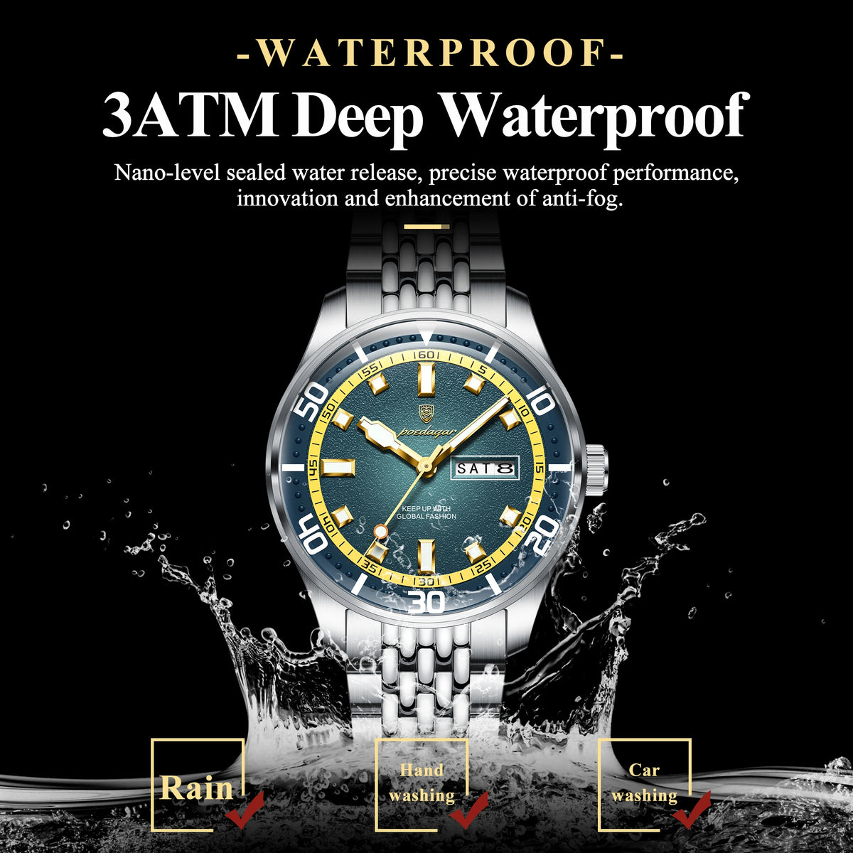 Men's Stainless Steel Watch with Week Display