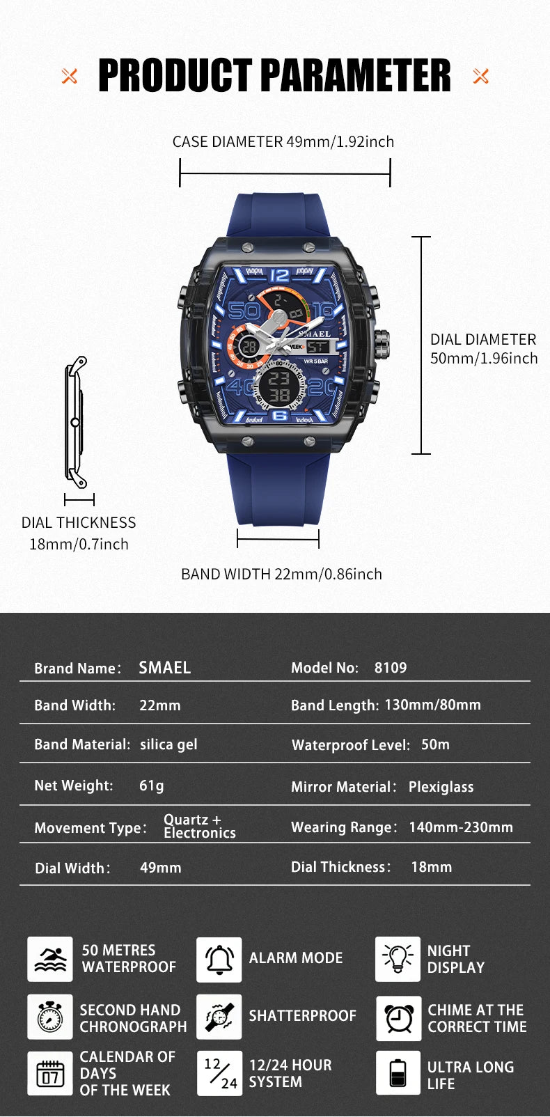 SMAEL 8109 Men's Square Analog Digital Dual Display Watch - 50M Waterproof LED Backlight Alarm Chronograph Calendar