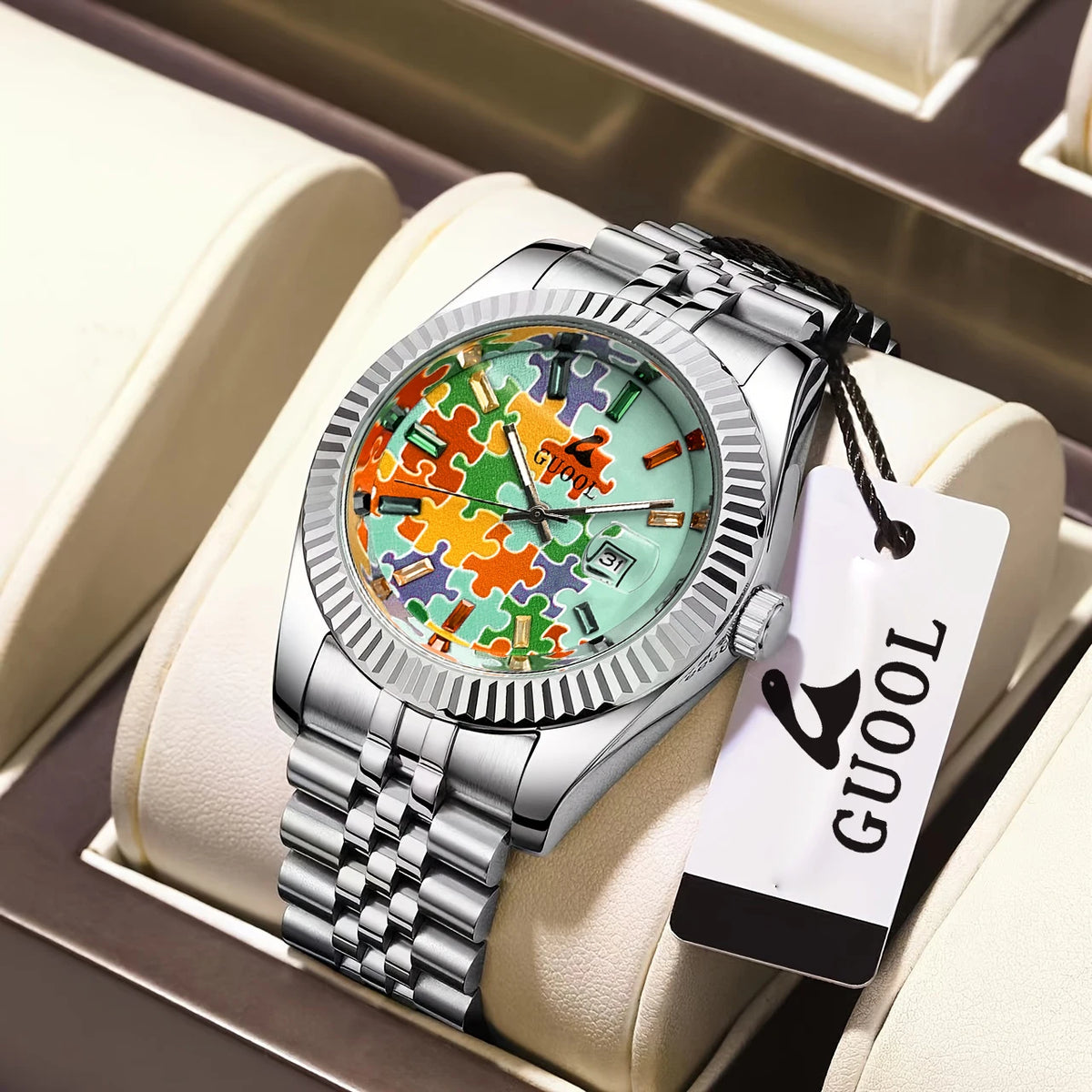 New Hot-Selling Men's Stainless Steel Five-Link Steel Band Watch with Puzzle Pattern, Business Style, Round Case, Calendar Display Function, Valentine's Day Gift, Father's Day Gift, Holiday Gift, Halloween Gift, Christmas Gif