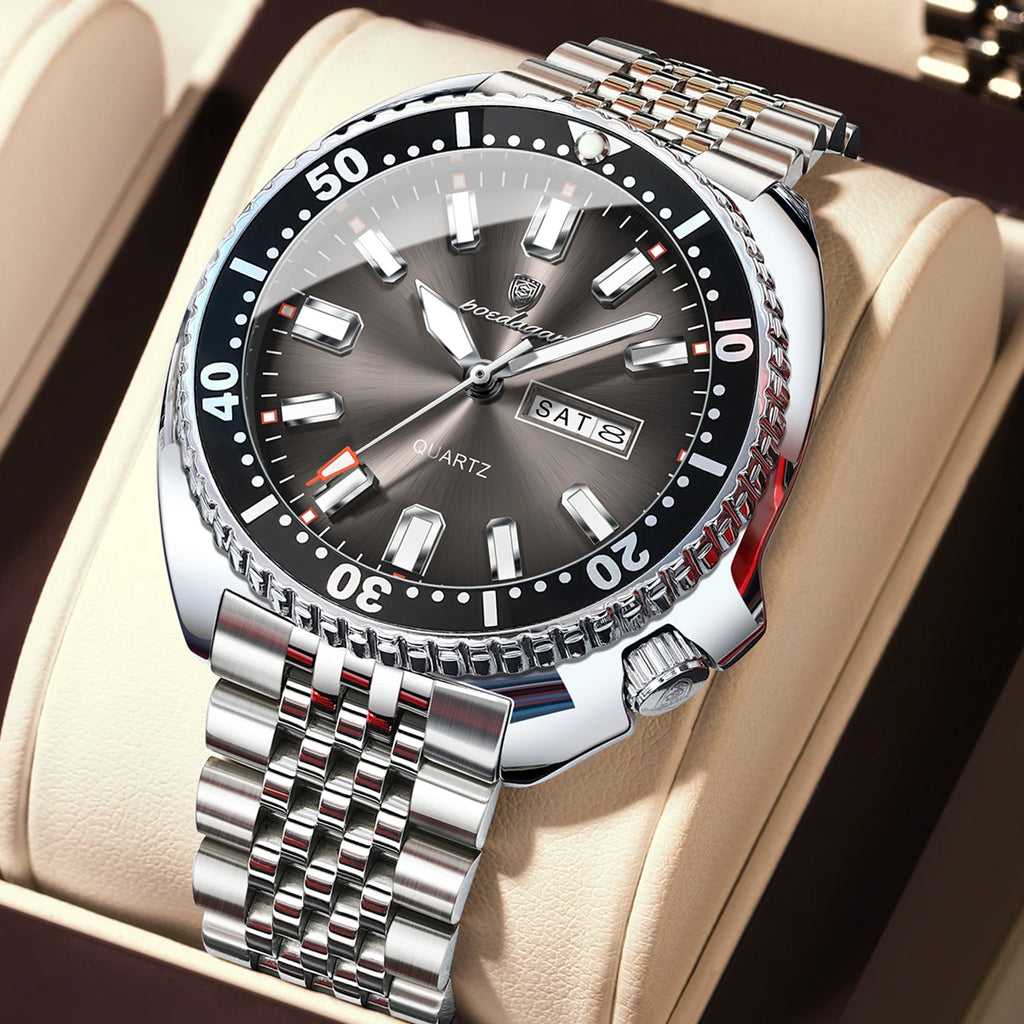POEDAGAR Luxury Sports Men Wristwatch Quartz Luminous Waterproof Calendar Week Man Clock Stainless Steel Men's Watches Reloj+Box