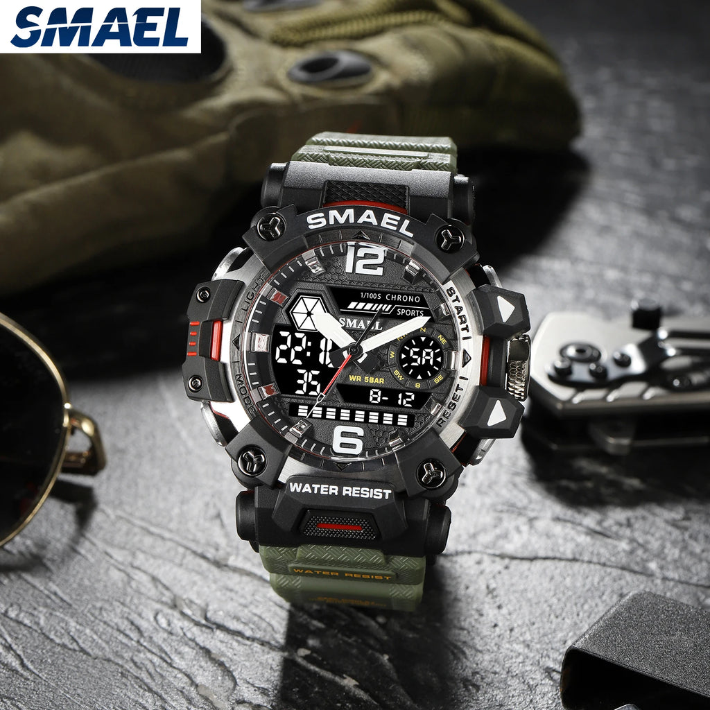 SMAEL Men Watches  50m Waterproof Sports Watch Military Man Sports Watch Digital 8072 Dual Display Watch  Quartz  Led Digital