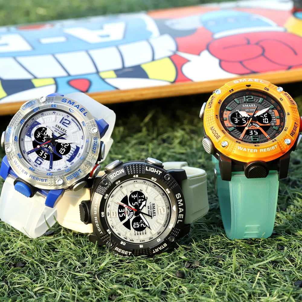 Sport Watches Waterproof SMAEL Male Clock Digital LED Display Quartz Analog Stopwatch Fashion Green Orange Clock 8058 Men Watch