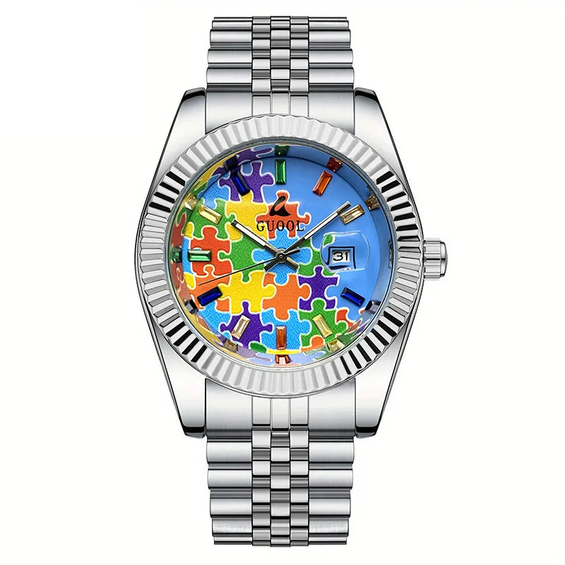 New Hot-Selling Men's Stainless Steel Five-Link Steel Band Watch with Puzzle Pattern, Business Style, Round Case, Calendar Display Function, Valentine's Day Gift, Father's Day Gift, Holiday Gift, Halloween Gift, Christmas Gif
