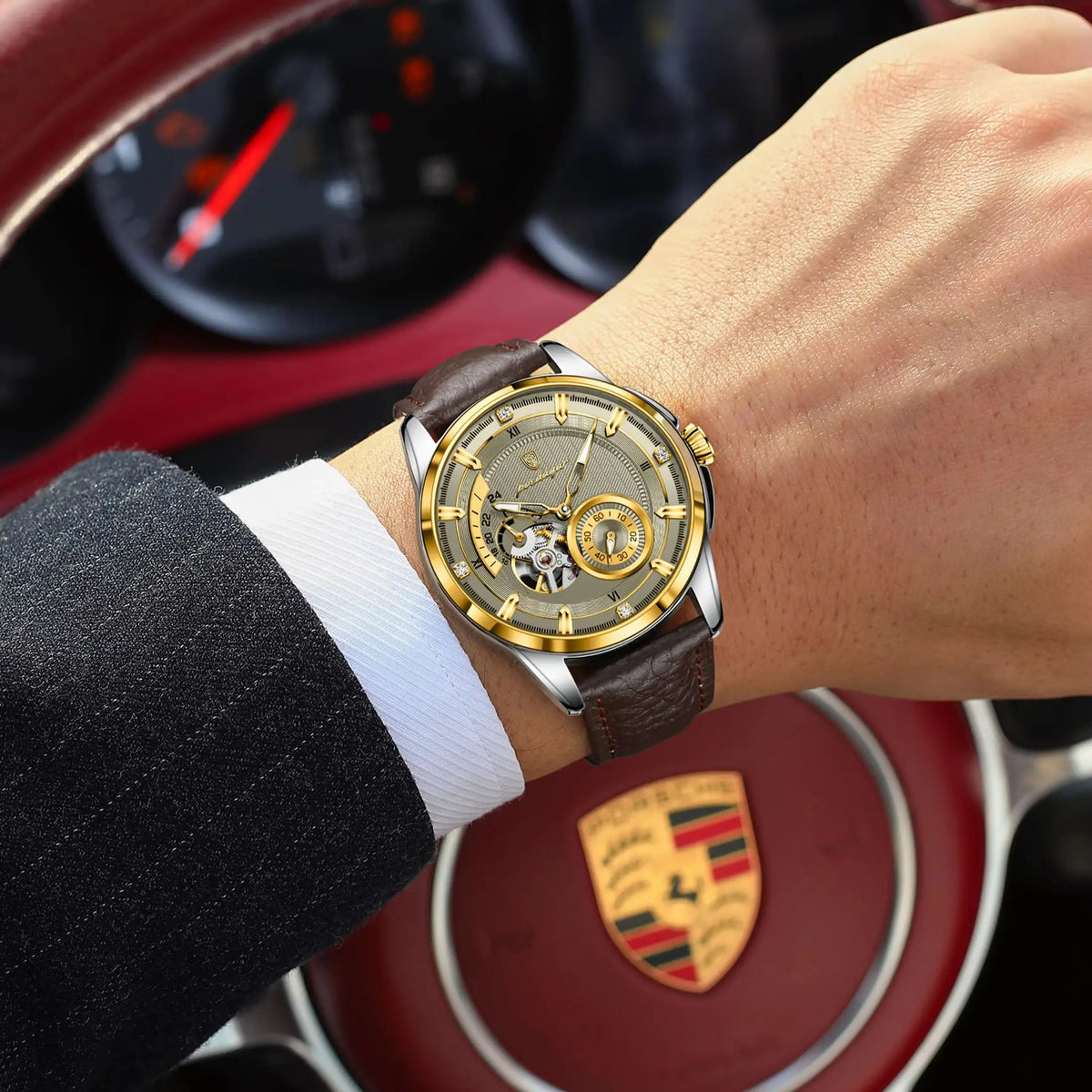 POEDAGAR Casual Luxury Men Clock Luminous Hollow Tourbillon Automatic Man Wristwatch Mechanical Leather Men's Watches Reloj Male