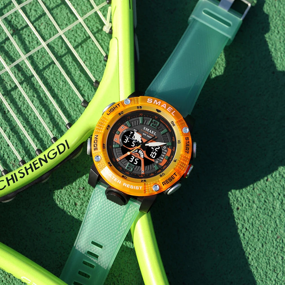 Sport Watches Waterproof SMAEL Male Clock Digital LED Display Quartz Analog Stopwatch Fashion Green Orange Clock 8058 Men Watch